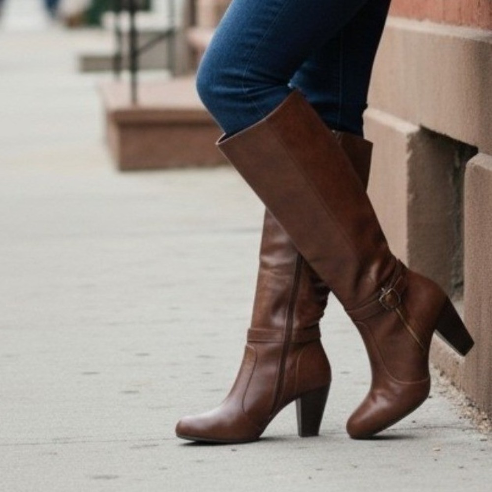 Jessica Cline Flynn Brown Faux Leather Tall Heeled‎ Riding Boots Womens 8W